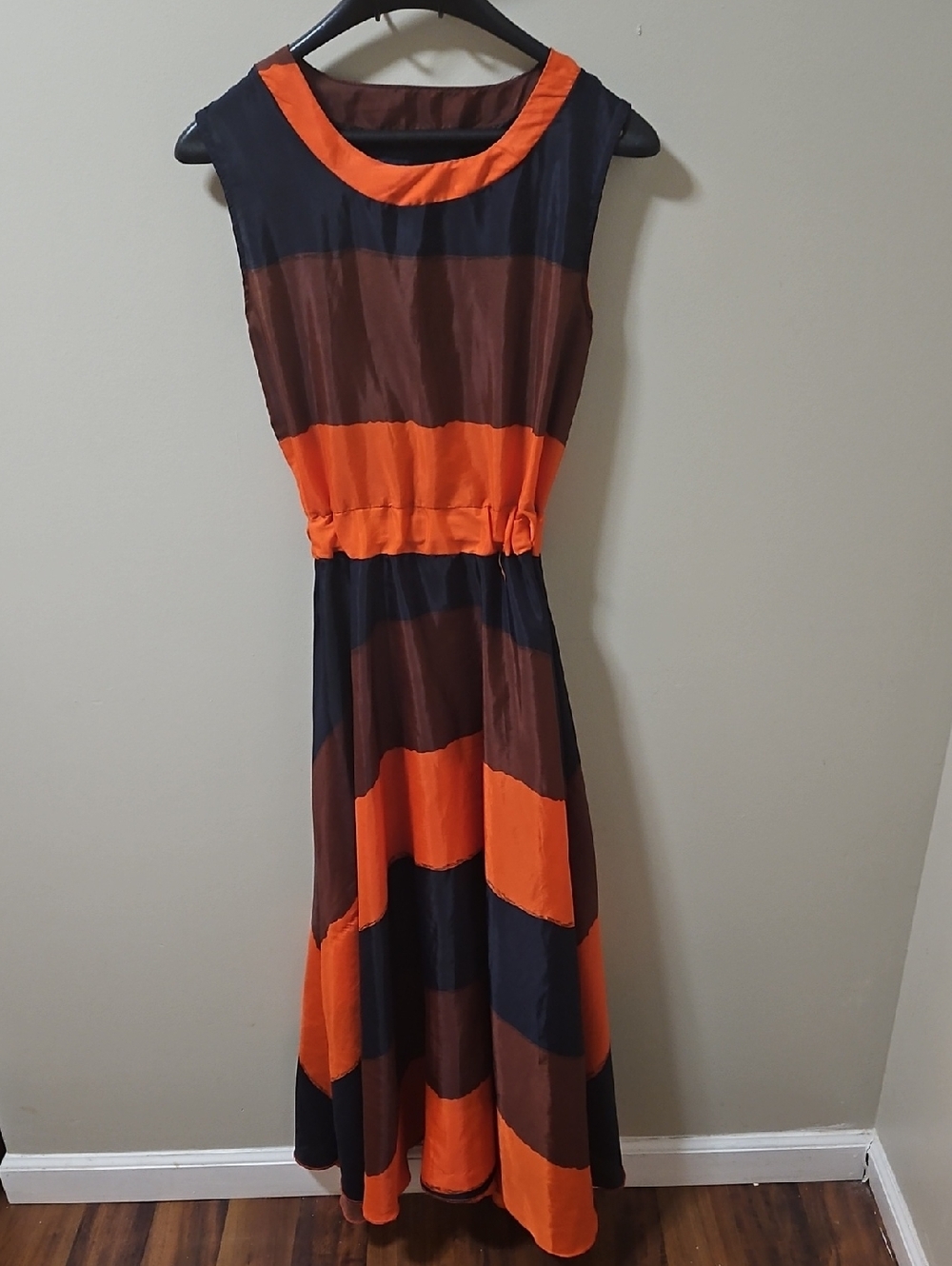 Striped Orange, Brown & Navy Sleeveless Maxi Dress